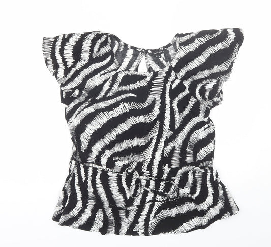 Peacocks Womens Black Animal Print Viscose Basic Blouse Size 10 Round Neck