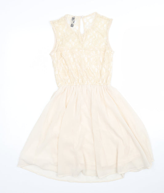 H&M Womens Beige Floral Polyester Fit & Flare  Size 6  Round Neck