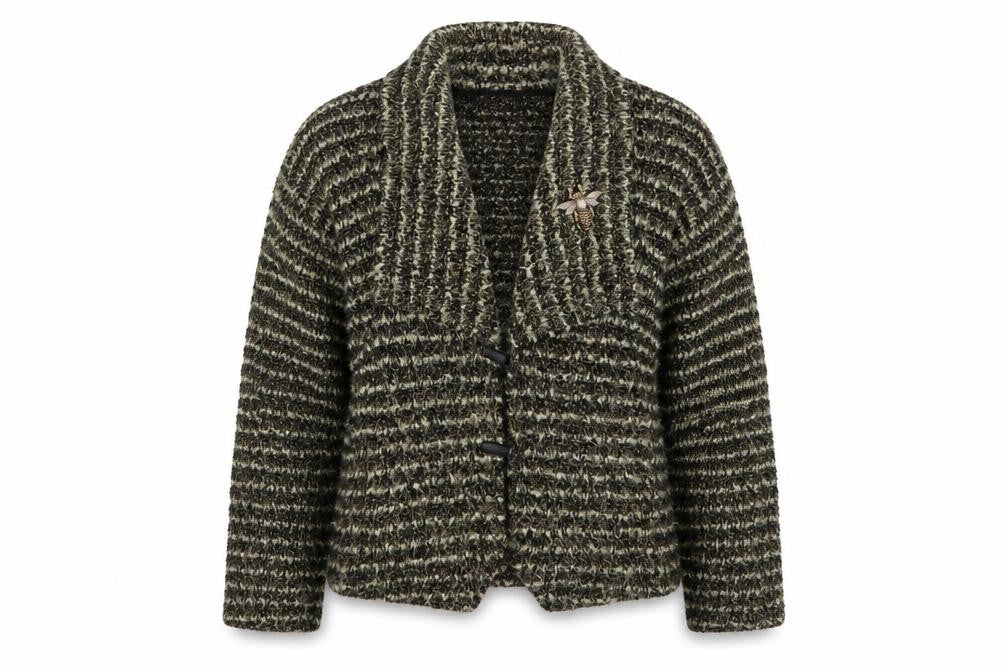 Peter Luft Womens Green Striped  Jacket Coatigan Size M   - Metal Broach Green Black Mix