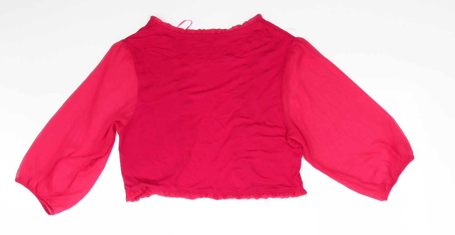 Dunnes Womens Red V-Neck  Viscose Shrug Jumper Size L   - Sheer Fabric Sleeves Frill trim