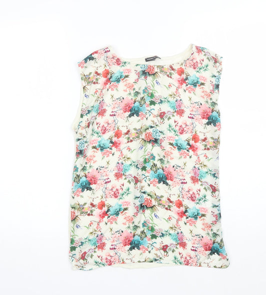 Warehouse Womens Ivory Floral Polyester Basic Blouse Size 8 Round Neck