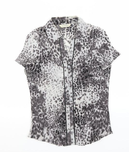 BHS Womens Grey Animal Print Polyester Basic Button-Up Size 14 Collared