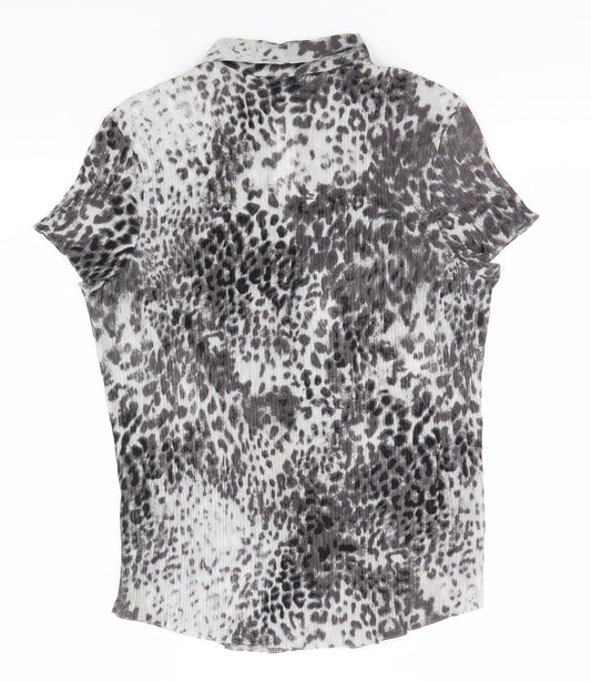 BHS Womens Grey Animal Print Polyester Basic Button-Up Size 14 Collared