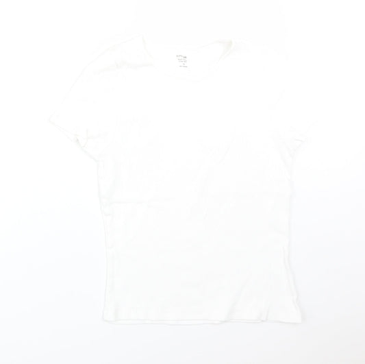 Preworn Womens White Striped  Basic T-Shirt Size 14 Crew Neck