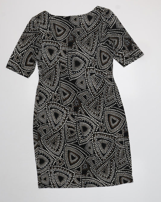 Cleo Womens Black Geometric Polyester A-Line  Size 10  V-Neck