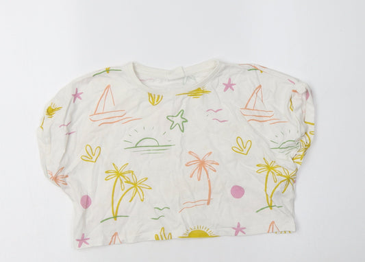 Zara Girls White Geometric Cotton Cropped Polo Size 6 Years Crew Neck  - Palm Tree& Sun Print
