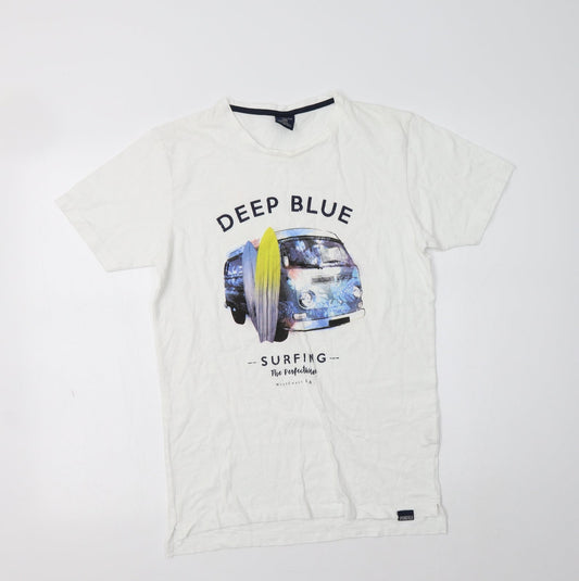 Springfield Womens White  Cotton Basic T-Shirt Size XS Crew Neck - Deep Blue