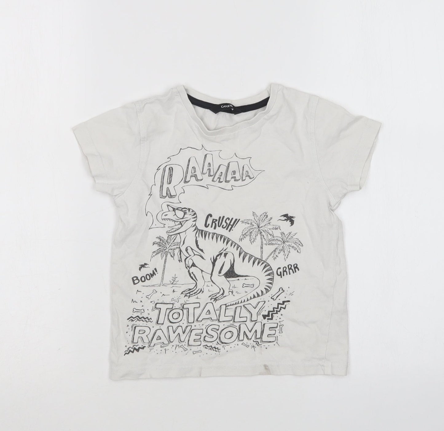George Boys White  Cotton Basic T-Shirt Size 4-5 Years Round Neck  - Dinosaur