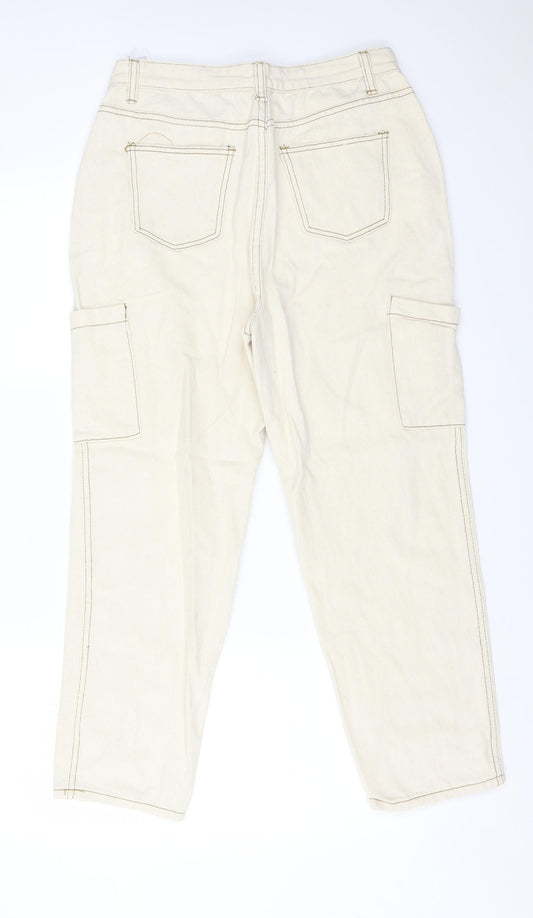 Boohoo Womens Ivory  Cotton Straight Jeans Size 12 L25 in Regular