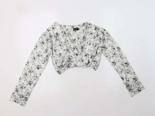 PRETTYLITTLETHING Womens White Floral Polyester Cropped Blouse Size 4 V-Neck