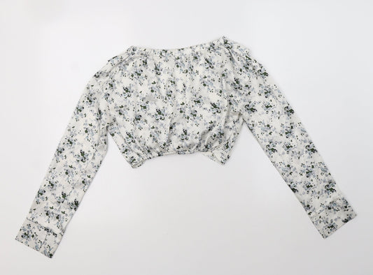 PRETTYLITTLETHING Womens White Floral Polyester Cropped Blouse Size 4 V-Neck