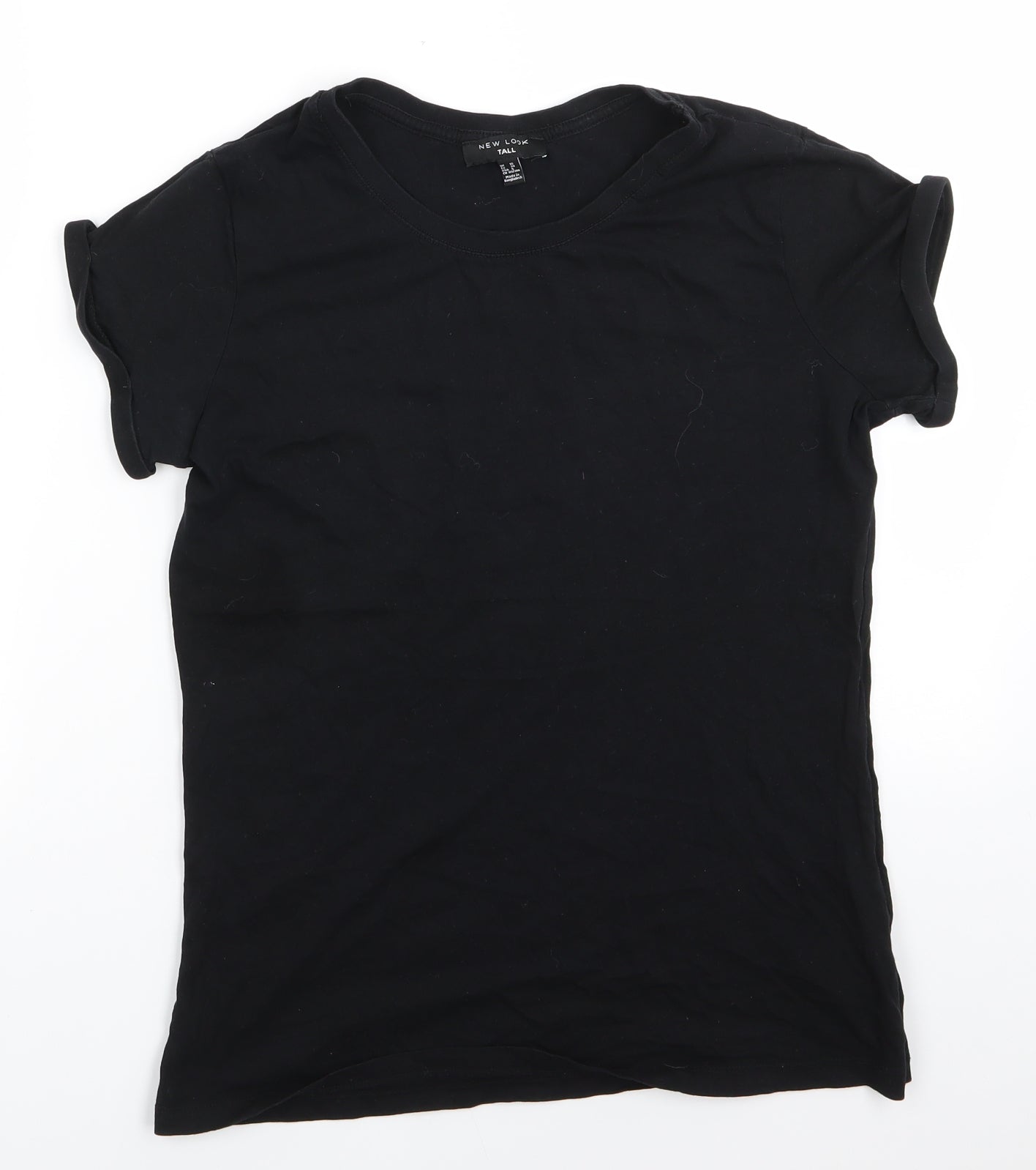 New Look Tall Womens Black  Cotton Basic T-Shirt Size 10 Round Neck - Turn Up Sleeves