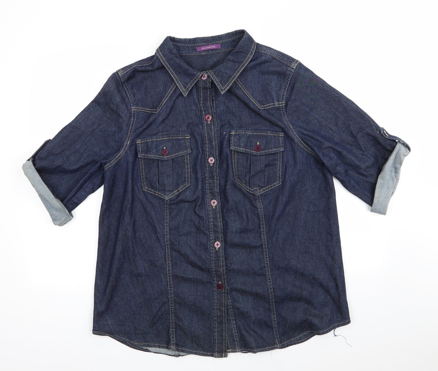 Elisabeth Womens Blue   Basic Button-Up  Collared - Adjustable Length Sleeves Dark Blue