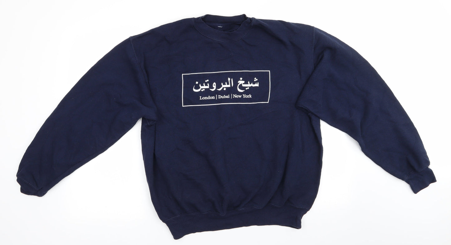 Preworn Mens Blue   Pullover Sweatshirt    - London Dubai New York White on Navy Blue