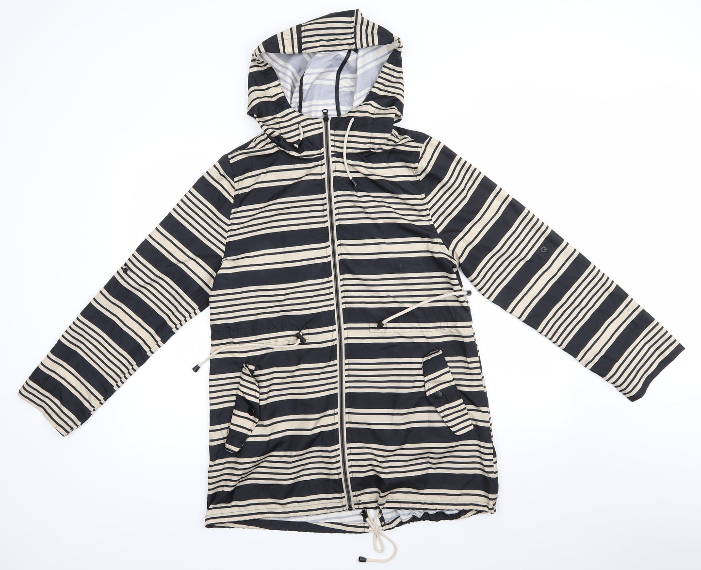 Atmosphere Womens Beige Striped  Parka Coat Size S   - Adjustable Length Sleeves Drawstring Hood Waist Hem Black & Beige Stripe