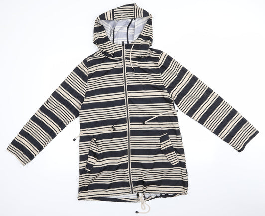 Atmosphere Womens Beige Striped  Parka Coat Size S   - Adjustable Length Sleeves Drawstring Hood Waist Hem Black & Beige Stripe