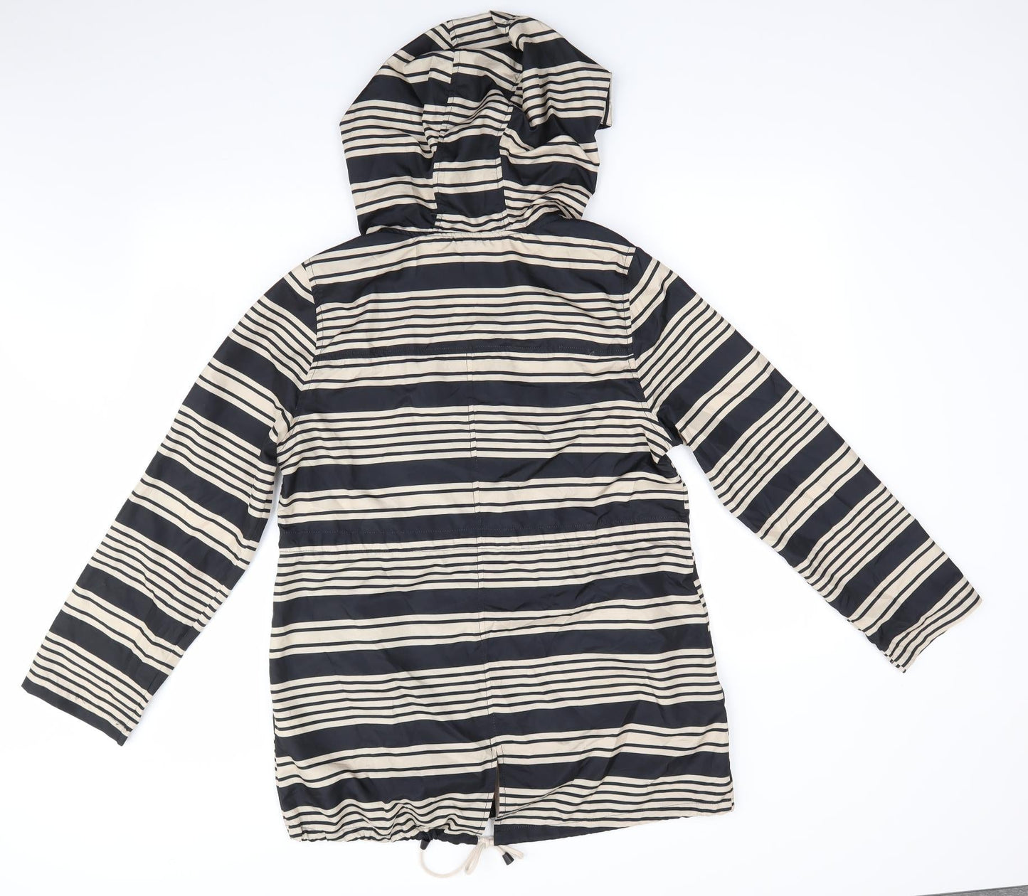 Atmosphere Womens Beige Striped  Parka Coat Size S   - Adjustable Length Sleeves Drawstring Hood Waist Hem Black & Beige Stripe
