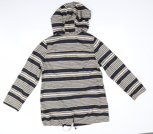 Atmosphere Womens Beige Striped  Parka Coat Size S   - Adjustable Length Sleeves Drawstring Hood Waist Hem Black & Beige Stripe