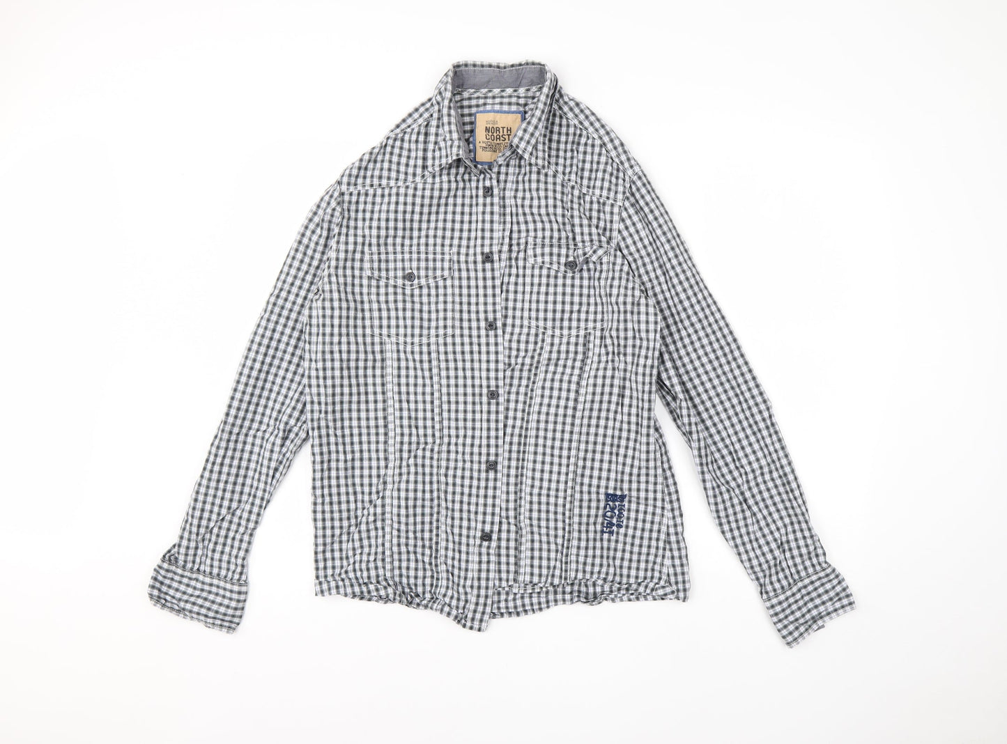M&S Mens Grey Check Cotton  Button-Up Size M Collared Button