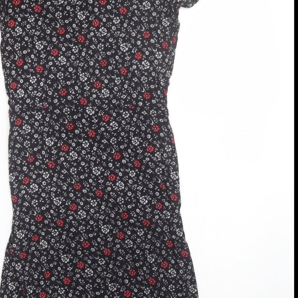 Papaya Womens Black Floral Viscose Shift  Size 8  V-Neck