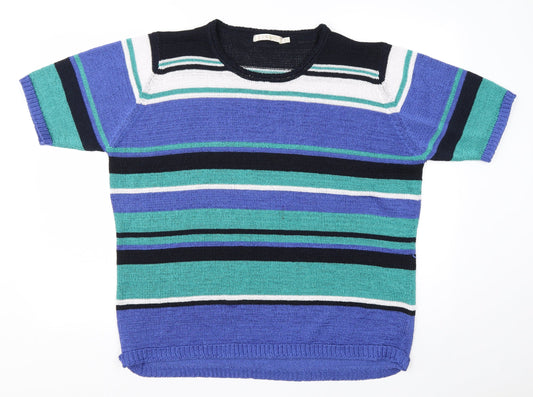 EWM Womens Blue Round Neck Striped Polyester Pullover Jumper Size XL