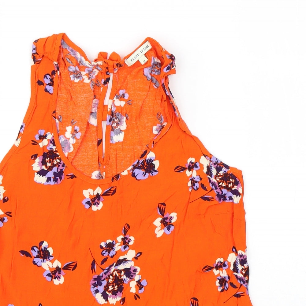 River Island Womens Orange Floral Viscose Basic Blouse Size 8 Round Neck