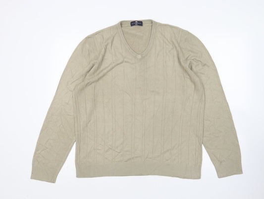 M&S Mens Beige V-Neck  Acrylic Pullover Jumper Size L