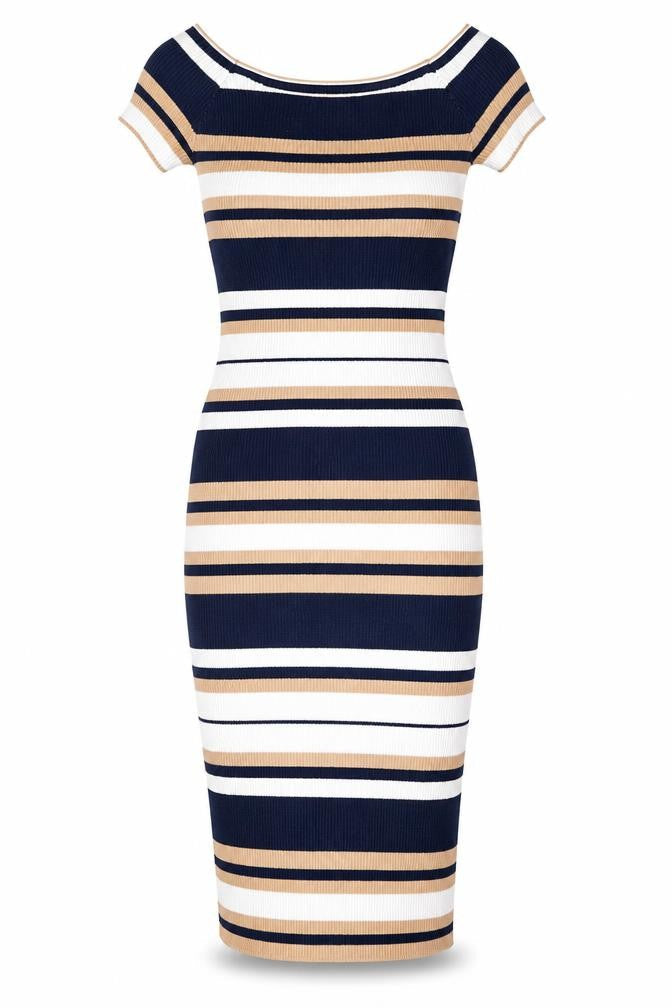 Preworn Womens Blue Striped Viscose Pencil Dress  Size S  Round Neck