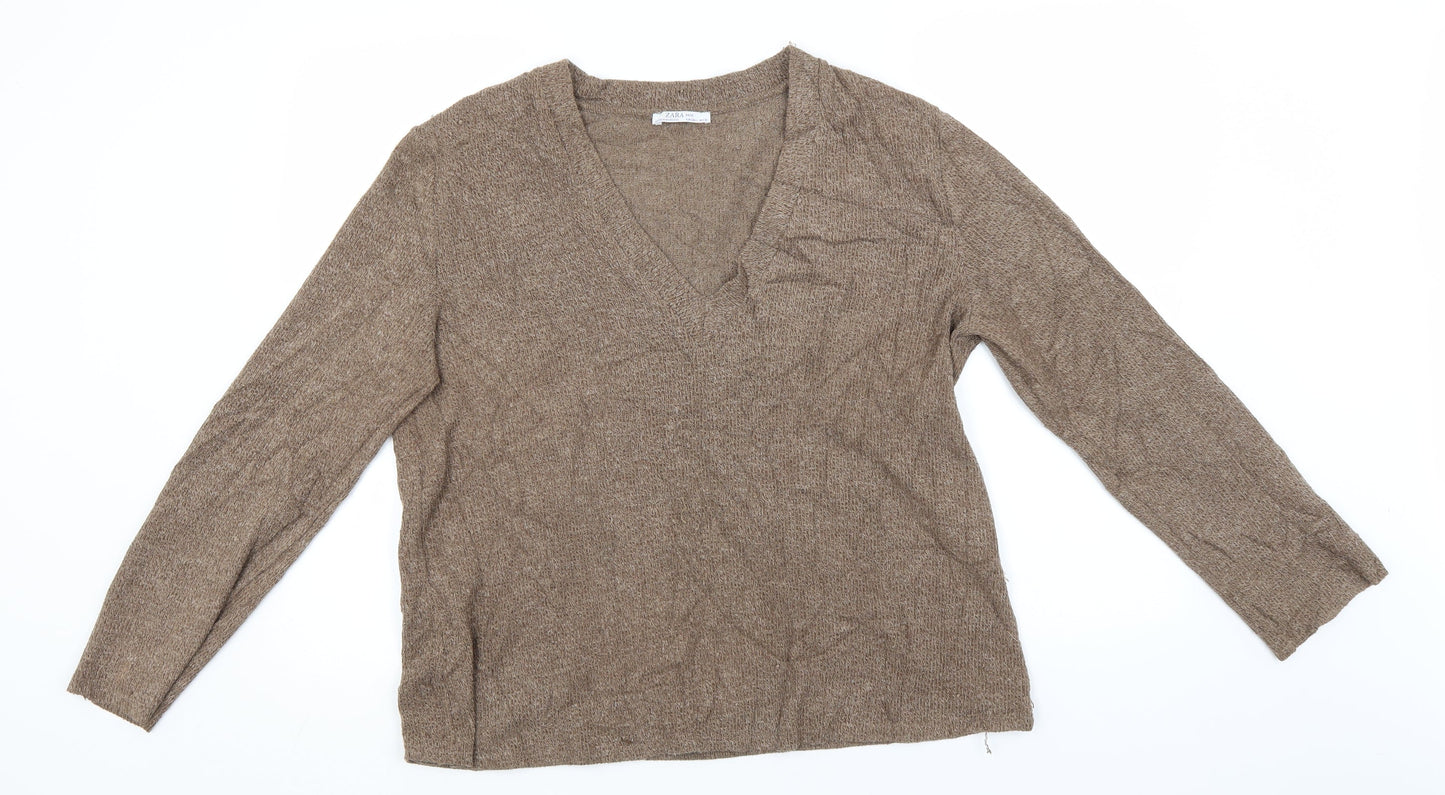Zara Womens Brown V-Neck  Polyester Pullover Jumper Size L