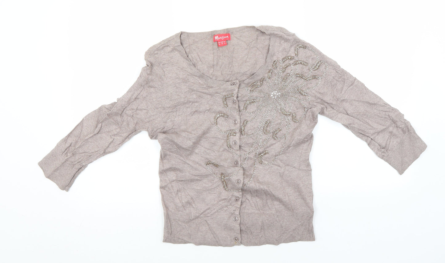 Monsoon Womens Grey Round Neck  Cotton Cardigan Jumper Size 12