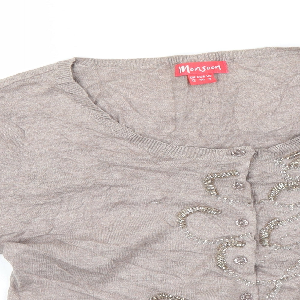 Monsoon Womens Grey Round Neck  Cotton Cardigan Jumper Size 12
