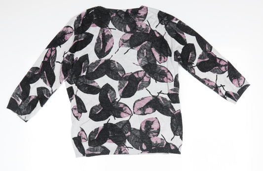 Clements Ribeiro Womens Grey Round Neck Floral Viscose Pullover Jumper Size M   - Black & pink leaf pattern