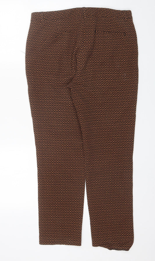 Marks and Spencer Womens Brown Geometric Cotton Trousers  Size 12 L26 in Regular