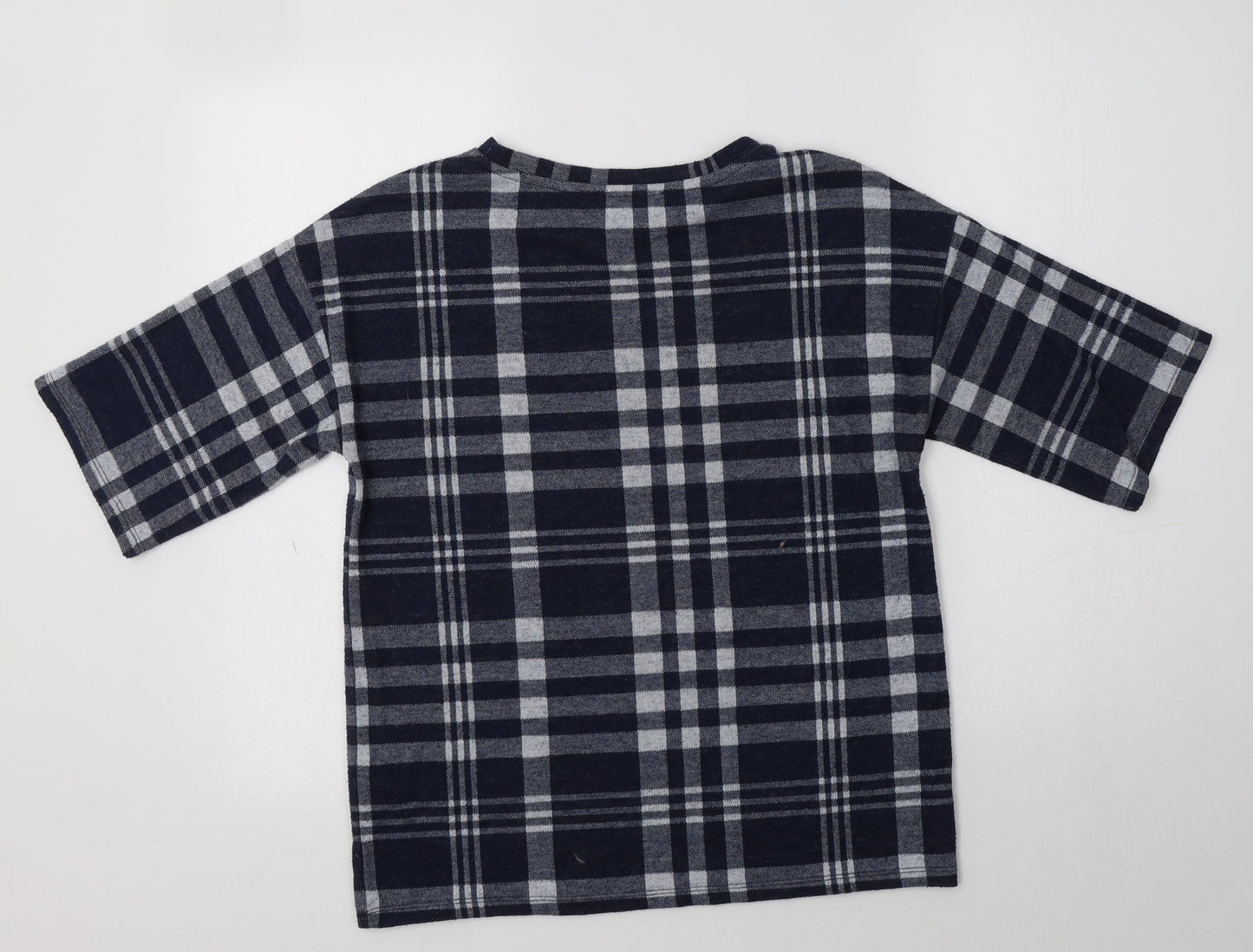 M&S Womens Blue Crew Neck Check Polyester Pullover Jumper Size 8