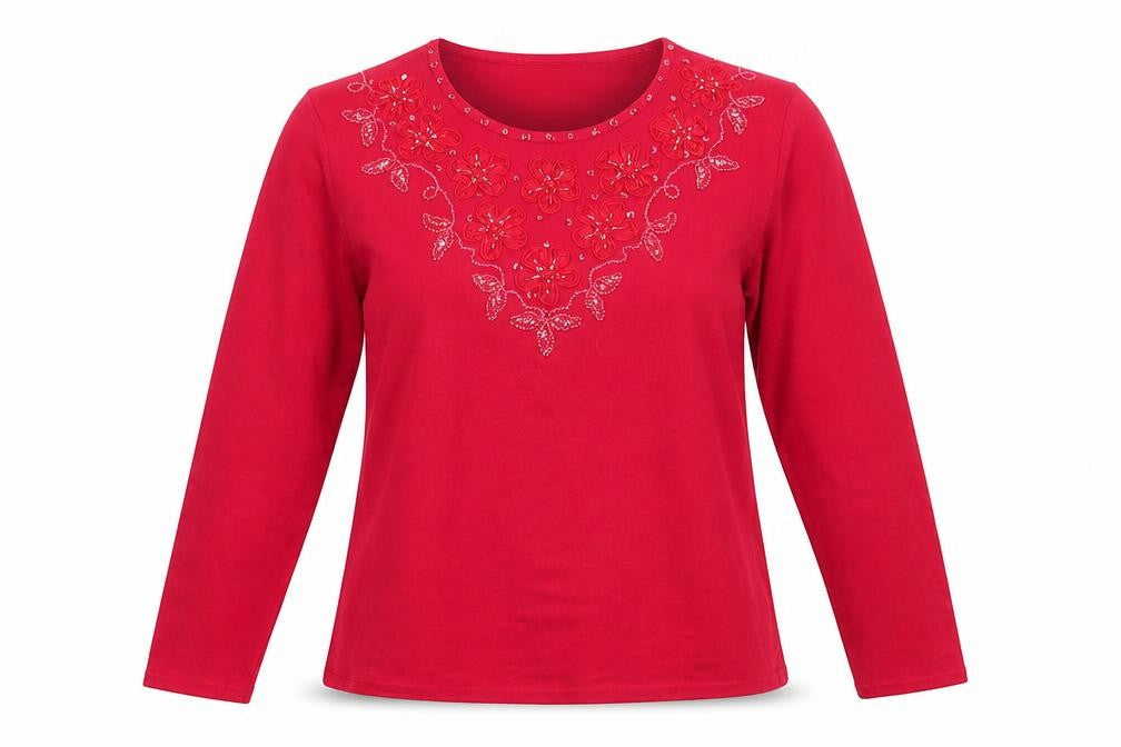 Roman Womens Red Round Neck Floral Viscose Pullover Jumper Size L   - Ribbon Flowers