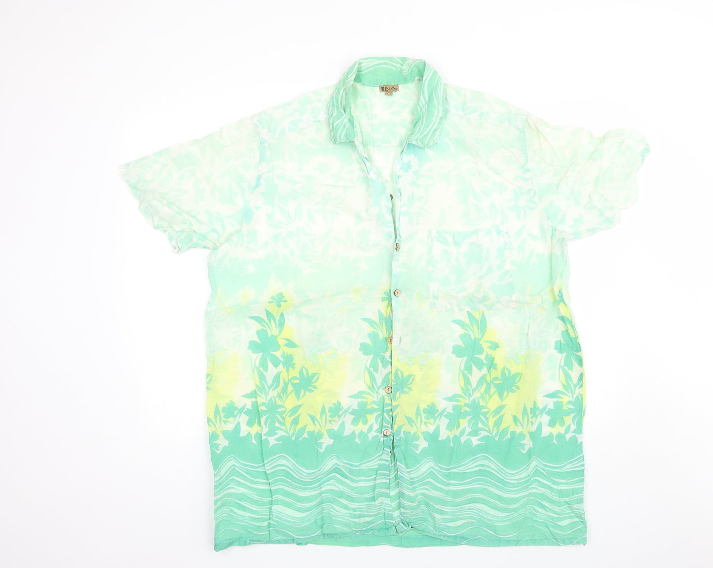 Bambu Mens Green Floral Cotton  Button-Up Size L Collared