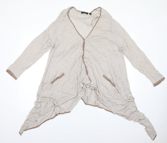 James Lakeland Womens Beige V-Neck Striped Viscose Cardigan Jumper Size 18   - Longer at sides