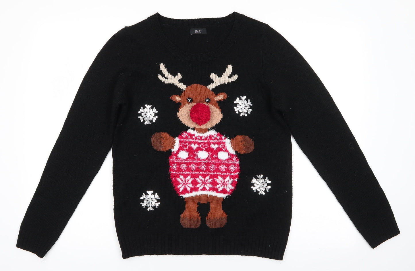 Florence and Fred Womens Black Round Neck Animal Print Acrylic Pullover Jumper Size 8   - Reindeer Pom Pom Nose Snowflakes