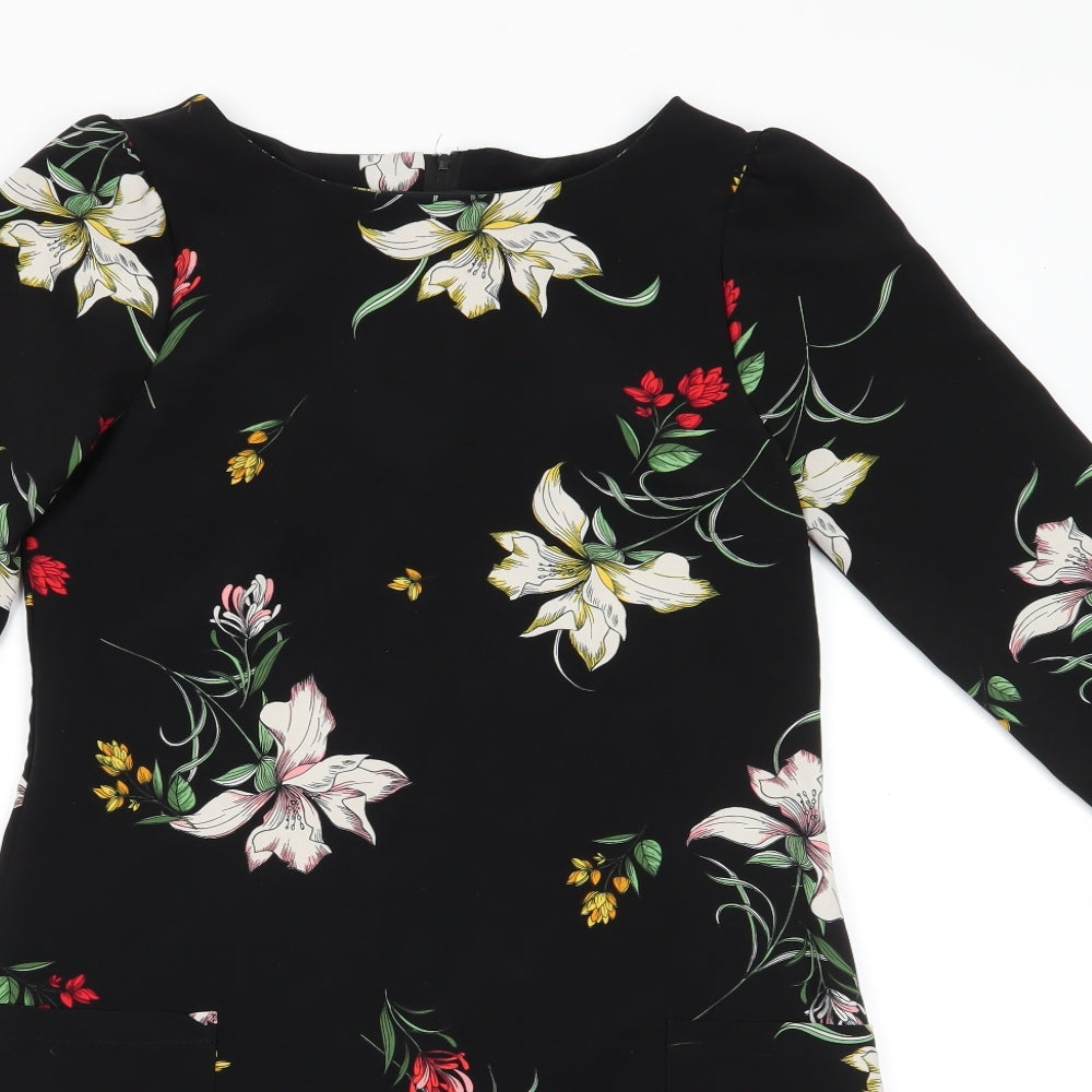 Dorothy Perkins Womens Black Floral Polyester A-Line  Size 10  Round Neck  - Back Zip Lightly gathered shoulders Yellow White Red flowers Patch Pockets