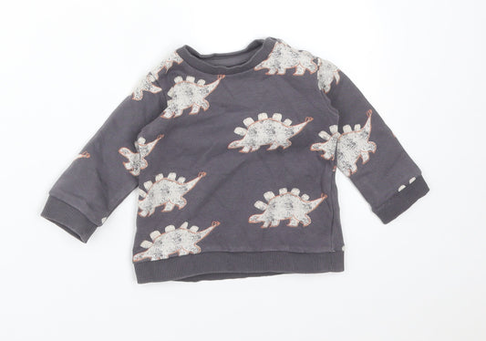M&S Boys Grey Animal Print Cotton Basic T-Shirt Size 6-9 Months Crew Neck  - DINOSAURS