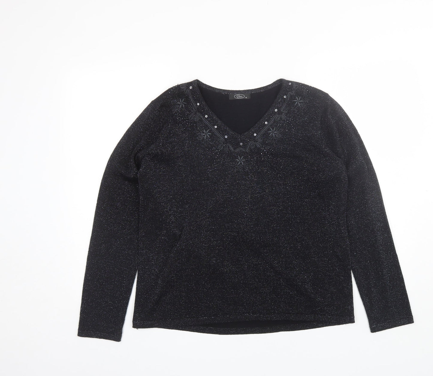 BM Womens Black V-Neck  Acrylic Pullover Jumper Size M