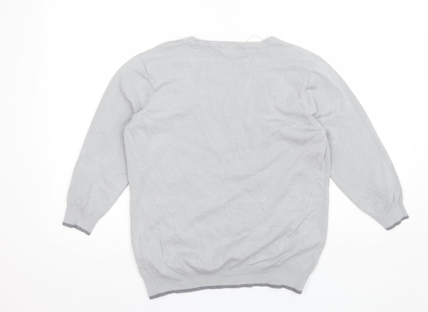 Classic Womens Grey Round Neck Floral Acrylic Pullover Jumper Size M