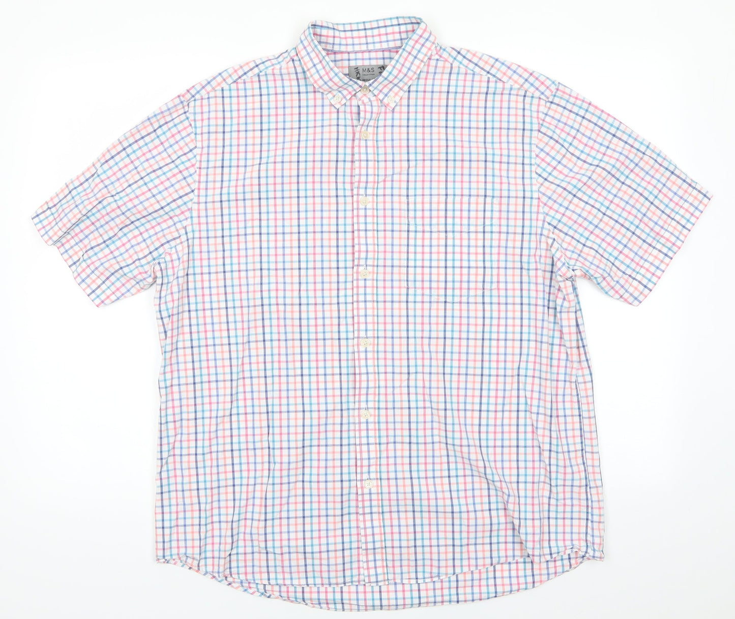 Marks and Spencer Mens Multicoloured Check Cotton  Button-Up Size L Collared  - Blue Red Orange White Teal check Buttoned collar