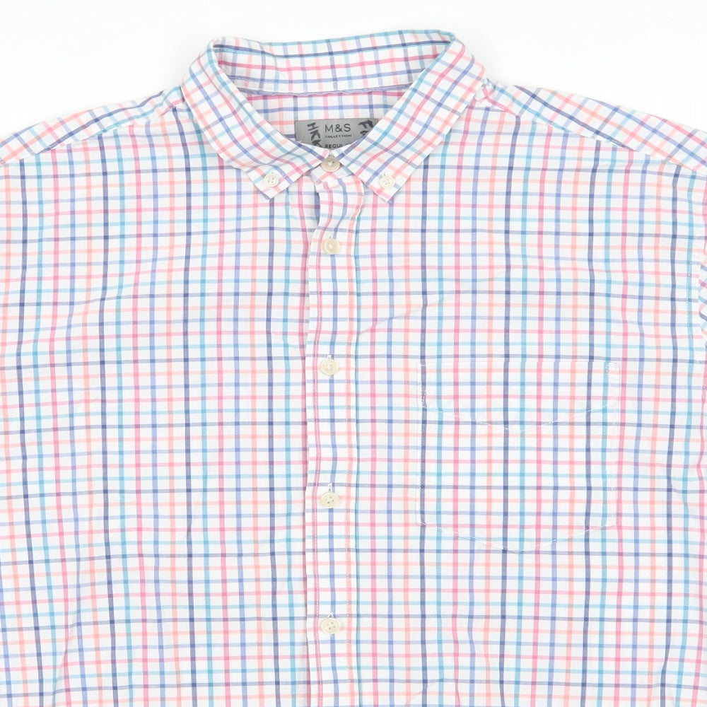Marks and Spencer Mens Multicoloured Check Cotton  Button-Up Size L Collared  - Blue Red Orange White Teal check Buttoned collar