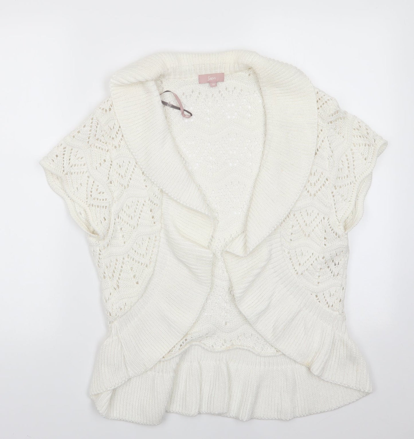 Soon Womens Ivory V-Neck Geometric Cotton Cardigan Jumper Size 18   - Open Knit Frill trim