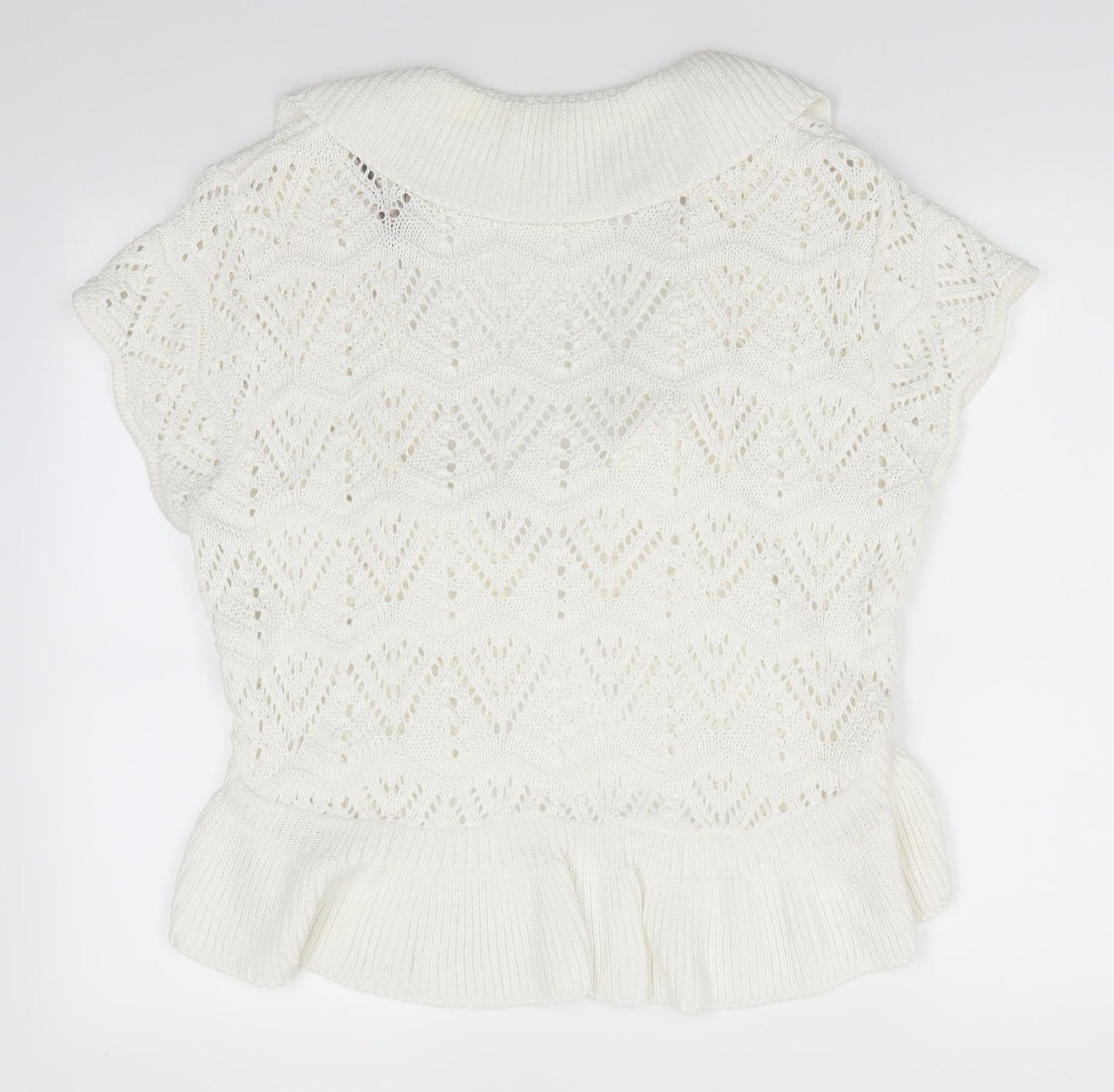 Soon Womens Ivory V-Neck Geometric Cotton Cardigan Jumper Size 18   - Open Knit Frill trim