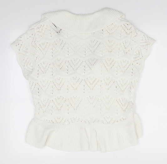 Soon Womens Ivory V-Neck Geometric Cotton Cardigan Jumper Size 18   - Open Knit Frill trim