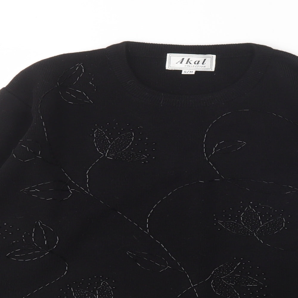 Akal Womens Black Round Neck Floral Acrylic Pullover Jumper Size S