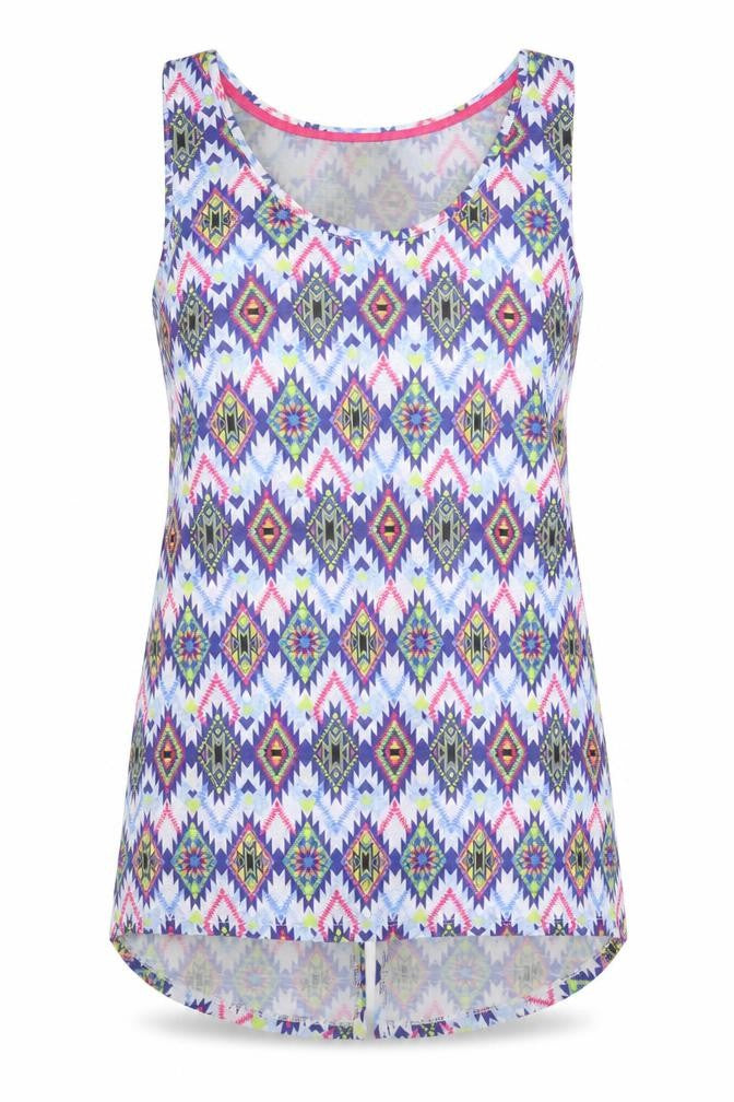 Dunnes Womens Blue Geometric Polyester Basic Tank Size 10 Round Neck
