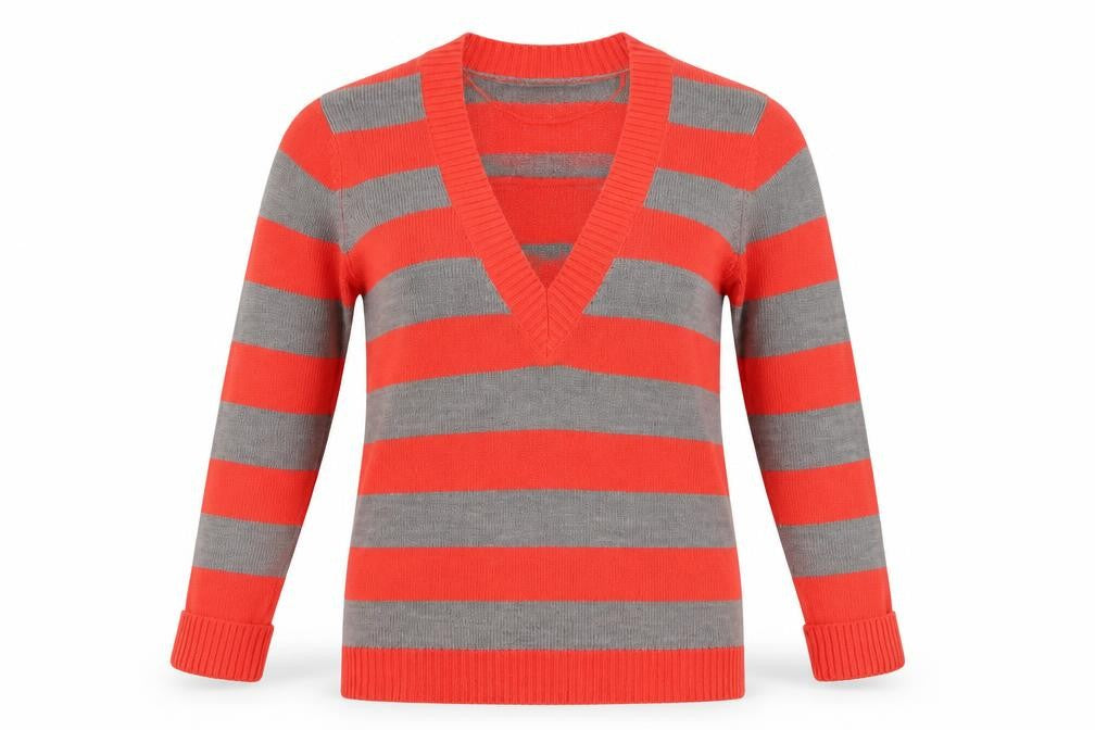 Bonprix Womens Red V-Neck Striped Polyester Pullover Jumper Size 12